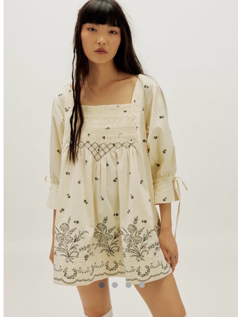 Free People Cream Mini Dress with Black Floral Embroidery